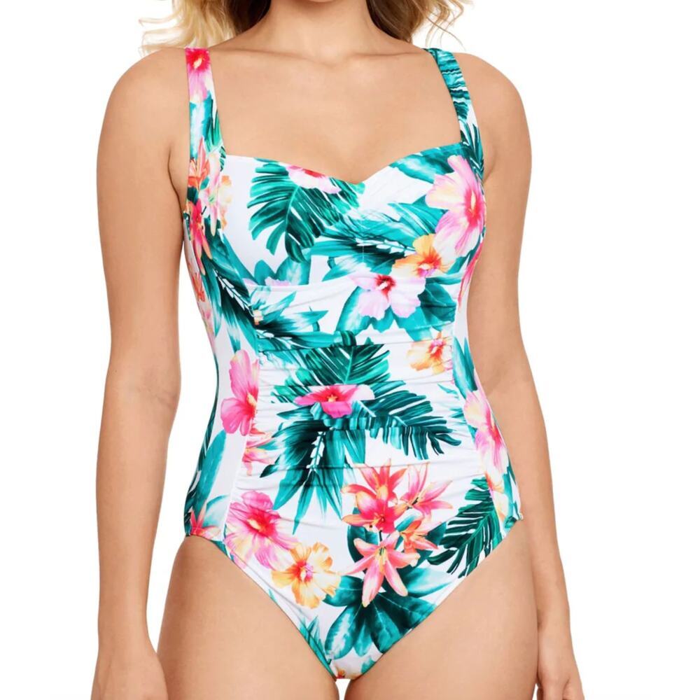 Swim Solutions TROPICAL PUNCH Hibiscus Tummy-Control One-Piece Swimsuit 10 NEW